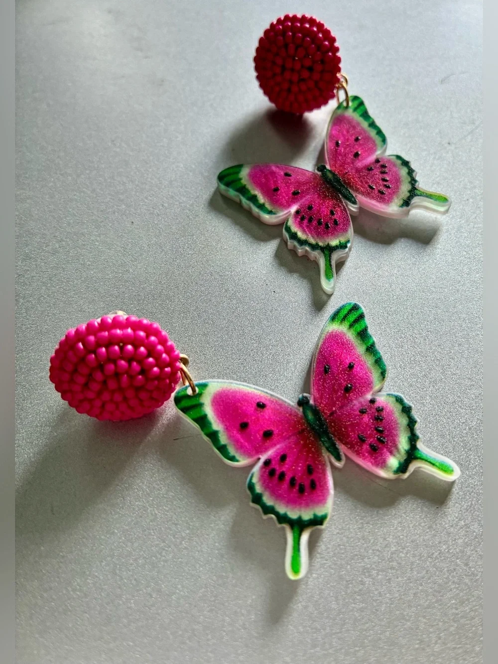 🦋 Pink Watermelon Butterfly Dangle Earrings